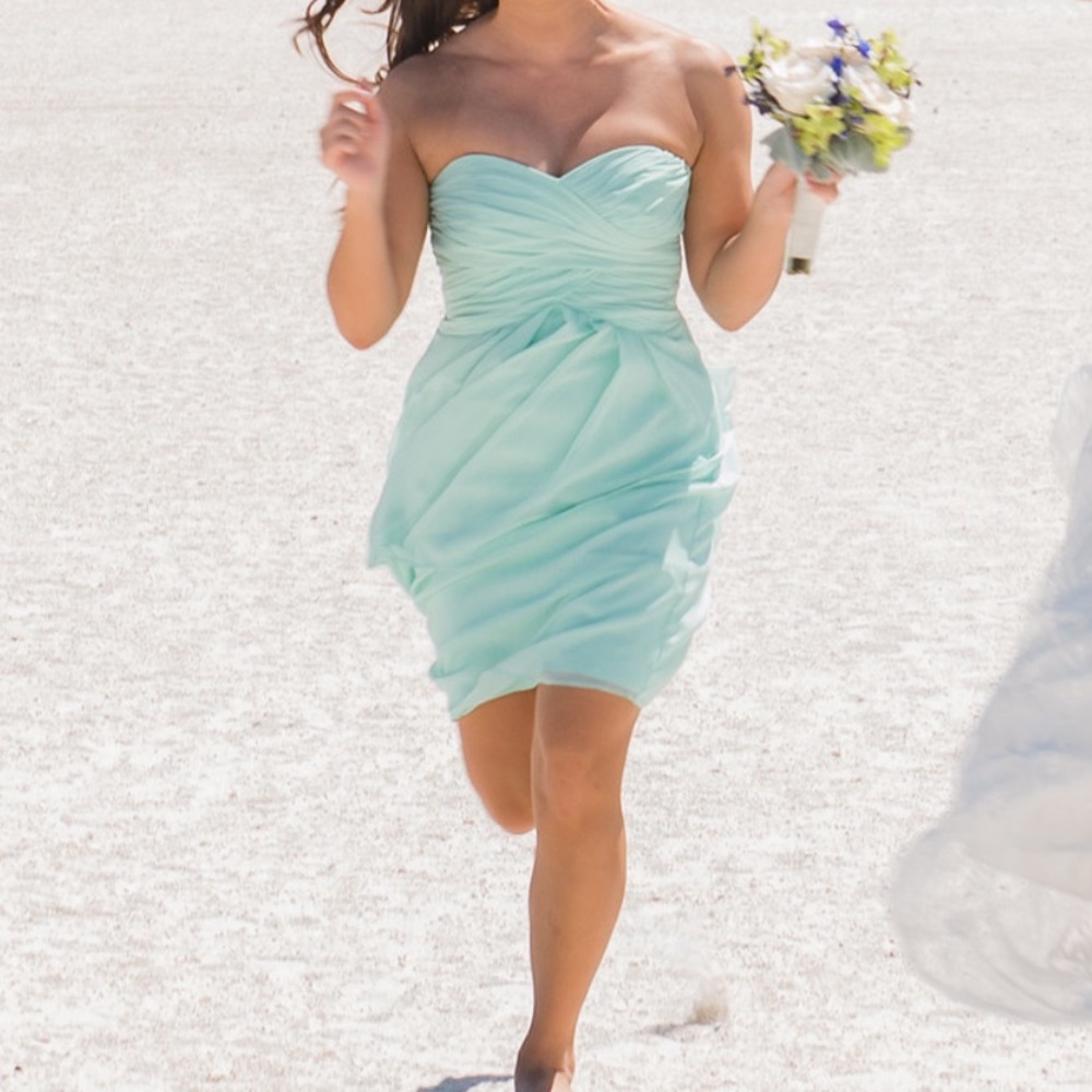 Mint green David’s Bridal chiffon dress